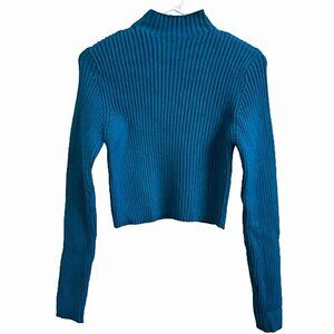 NWT Zara Turquoise Ribbed Cropped Mock Neck Sweater M NWT Viscose Blend Pullover